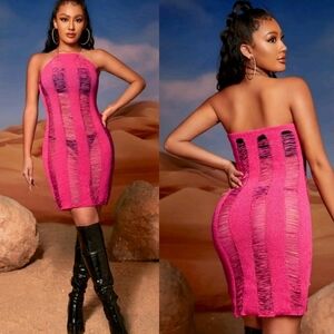 NWT Sexy Hot Pink Open Stitch Chain Detail Halter Sweater Dress
